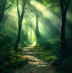 Pathway through a fantasy forest with rays of sunlight shining down. 