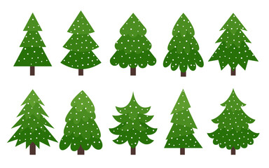 Fototapeta premium Christmas tree in snow flat icon set. Green pine, spruce, fir cone on white. New Year traditional greeting card decoration sign. Winter holiday evergreen forest with snowflake fall. Merry xmas symbol