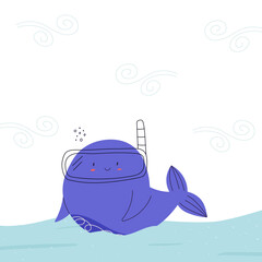 Cute whale in diving or snorkeling mask swimming in the sea, flat vector illustration. Childish character of marine mammal. Square poster with clouds, waves and whale.