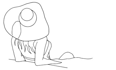 Young woman on the beach sitting. Line art vector illustration. Continuous line drawing of a girl in a hat back view. Summer vacation. Summer time concept