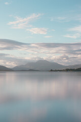 Beautiful daytime reflections on Loch Lomond of Ben Lomond
