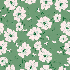 seamless vintage pattern. wonderful white flowers. green  background. vector texture. fashionable print for textiles and wallpaper.