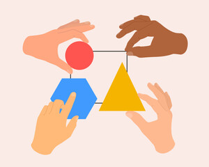 Human hands connect geometrical shapes and figures. Partnership and teamwork concept. Multiethnic work team. Vector illustration.