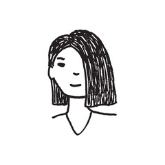 Hand drawing of cute face girl. Black and white minimal style doodle.