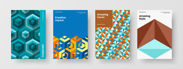Trendy poster A4 design vector illustration bundle. Bright geometric tiles annual report layout collection.