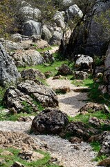 Camino de piedras en El Torcal de Antequera, paisaje kárstico en un paraje natural patrimonio mundial de la UNESCO.