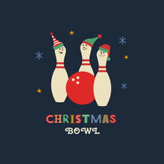 Christmas holiday bowling fancy vector icon. Bowling ball funny pins in Elf hats cartoon design element. Bowling club x-mas holidays invitation template. Christmas party event background illustration