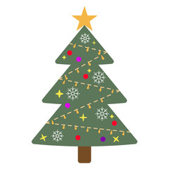 Christmas tree. Evergreen tree with decorations and gifts or toys. Christmas and New Year celebration concept. Cartoon style, colorful drawing