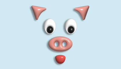 The muzzle of a piglet with a pink patch on a blue background. Cartoon 3d illustration