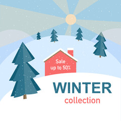Winter sale vector poster or banner set with discount text and snow elements in snowflakes background for shopping - promotion. Sale up to 50%. Vector illustration.