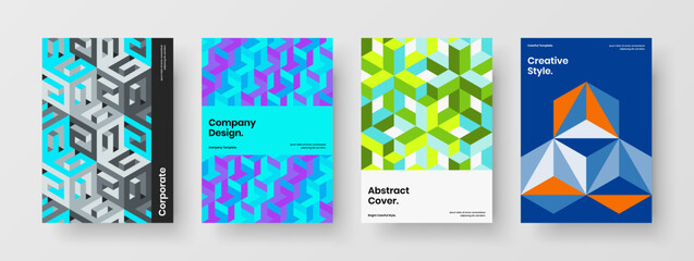 Clean company cover A4 vector design concept collection. Unique geometric pattern leaflet layout set.