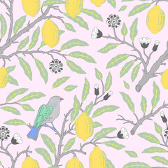 Floral vector seamless pattern. Botanical wallpaper. Plants, birds. Vintage wallpaper with painted nature. Lemons, flowers, a blooming garden. Design for fabric, textile, paper.
