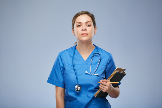 Tired Medical Student Intern Or Teacher, Doctor Woman Holding Books. Isolated Female Portrait.