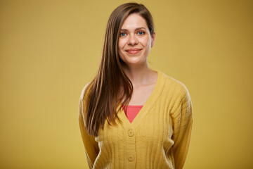 Smiling woman in casual clothes. Advertising female studio portrait.