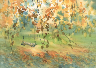 A swing in the garden in autumn watercolor background