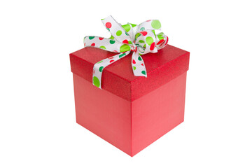 Isolated red gift box with a glitter lid and polka dot ribbon