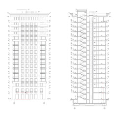 Multistory building section, detailed architectural technical drawing, vector blueprint - obrazy, fototapety, plakaty