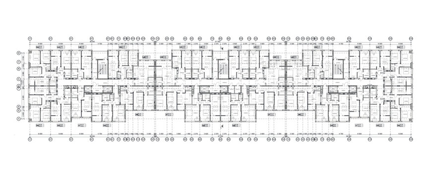 Multistory Building Detailed Architectural Technical Drawing, Vector Blueprint Floorplan