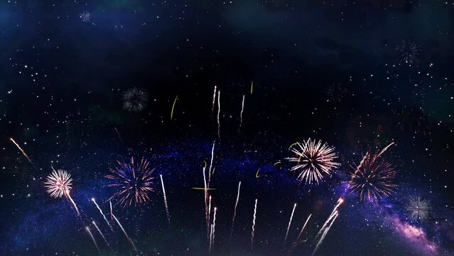 7th Happy Anniversary Text Typography Particles Fireworks Explosion Sparks Night Sky Background. Greeting card, birthday card, invitation, Celebration, party, holiday, wish festive decoration concept