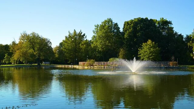 Water fountain on a lake with people walking a dog in a park with trees in the background.