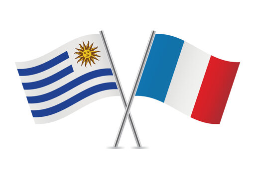Uruguay and France crossed flags. Uruguayan and French flags, isolated on white background. Vector icon set. Vector illustration.