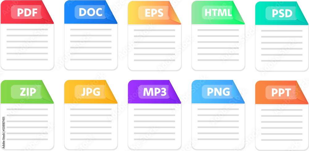 Poster Text file extensions. Flat colored vector icons
