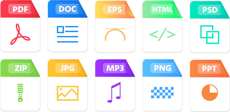 File formats flat icons set. White paper document pictograms with different file types, extensions. Web design graphic elements