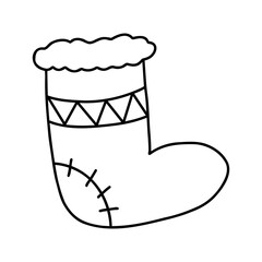 Hand drawn doodle Christmas sock. Cartoon element, vector sketch illustration, black outline art for web design, icon, print, coloring page