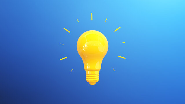 Yellow Idea Light Bulb With Lines Around On A Soft Blue Studio Background. Concept Of Innovation, Unique, Think Different, Individual And Standing Out From The Crowd. 3D Render.