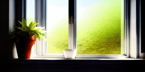 a plant at the window with a view
