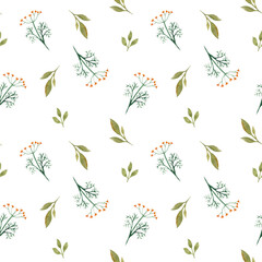 watercolor seamless pattern with green leaves and flowers. For printing on paper, packaging, textiles, banners, brochures. Template for design. Rustic, botanical style. Leaf fall, autumn and spring.