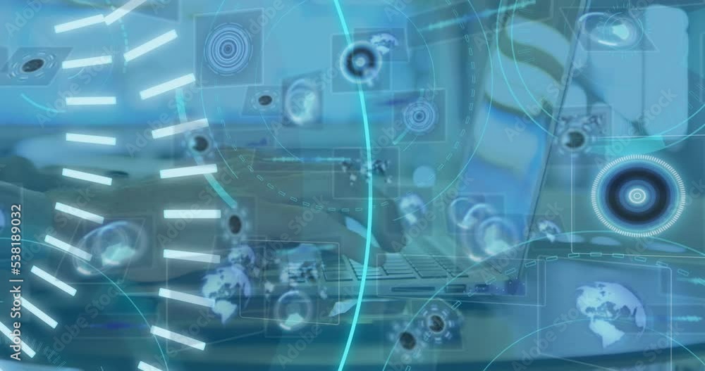 Poster animation of 5g text, round scanners and data processing over mid section of a man using smartphone