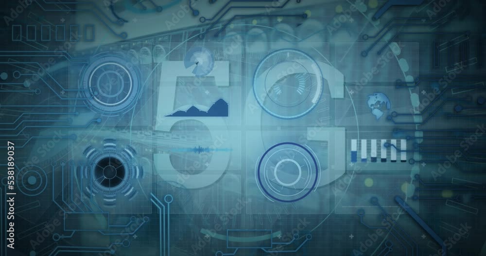 Poster animation of 5g text, round scanners and data processing over close up of a computer server
