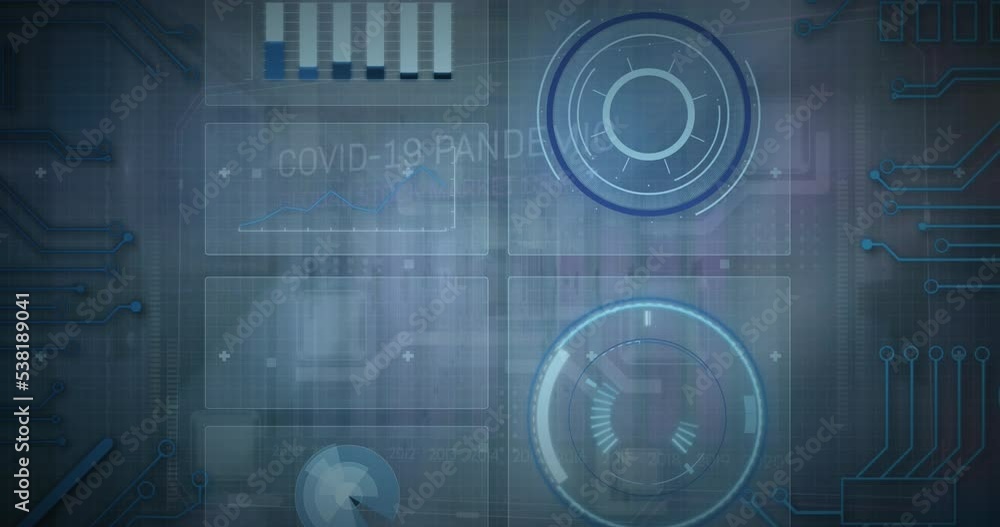 Poster animation of interface with data processing over close up of a computer server