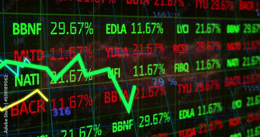 Poster animation of financial data processing over dark background