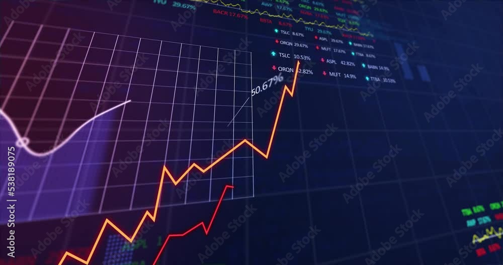Poster animation of financial data processing over dark background