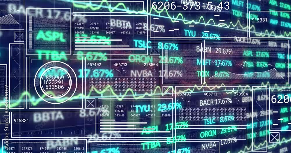 Aufkleber animation of financial data processing over dark background