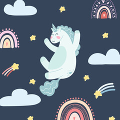 Cute unicorn with rainbows, falling stars and clouds in cartoon flat style. Vector illustration of baby horse, pony animal in tyrquoise color for fabric print, apparel, children textile design, card