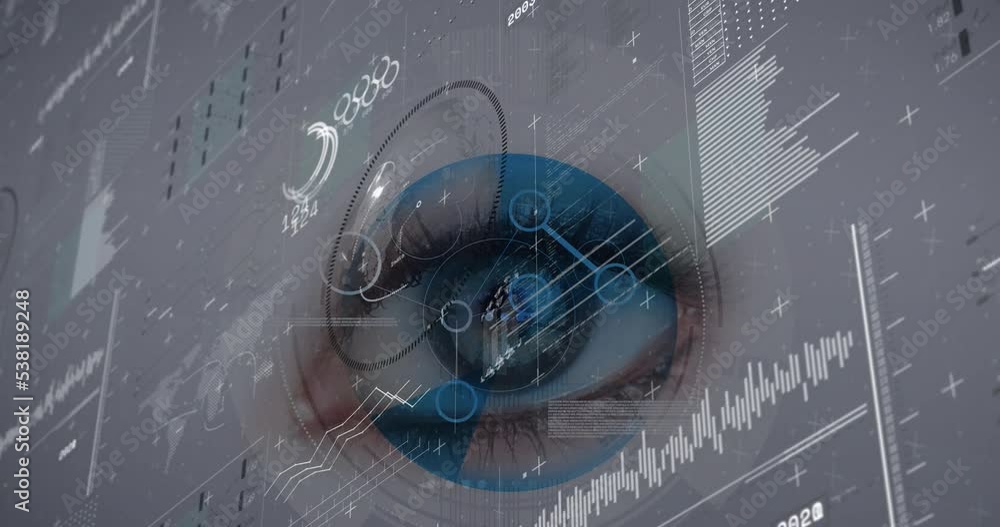 Poster animation of digital interface with data processing with female eye over white background