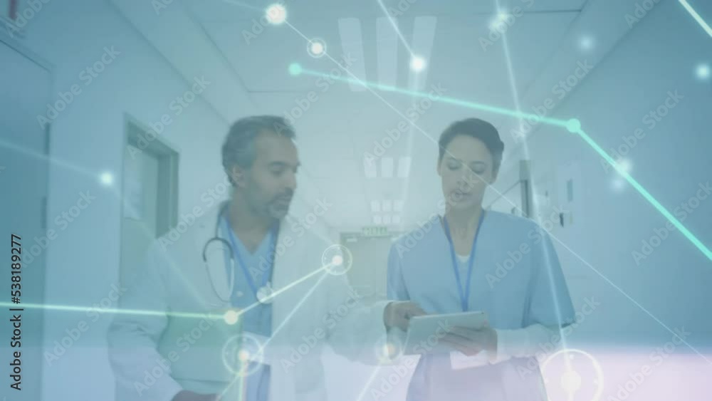 Aufkleber animation of dots connecting with lines and caucasian doctors discussing over tablet in corridor