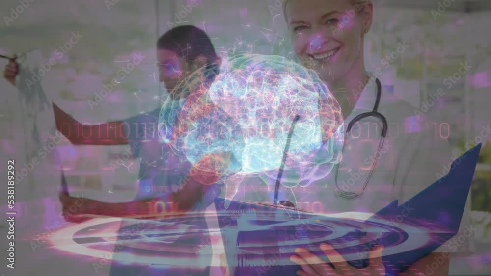 Poster animation of binary codes and brain with circles over portrait of happy female caucasian doctor