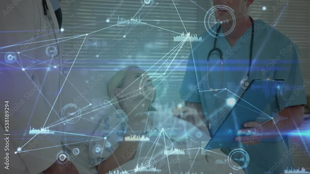 Poster animation of dots connected with lines and graphs over caucasian doctors discussing patient's report