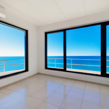 illustration of empty bright apartment with sea view