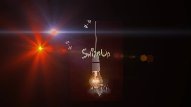 Animation of multicolored lens flares flying around swipe up text with up arrow sign and light bulb