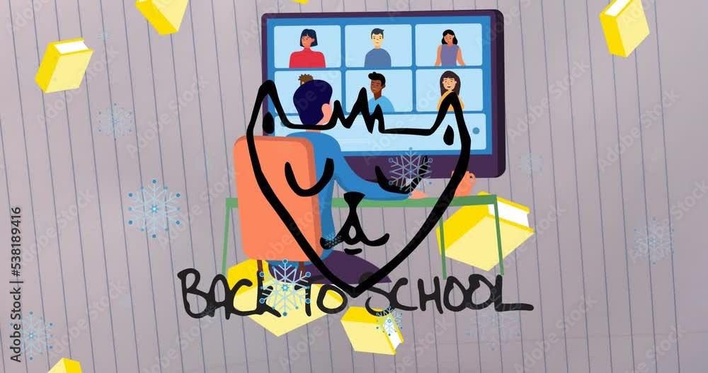 Poster Animation of back to school text over boy using computer