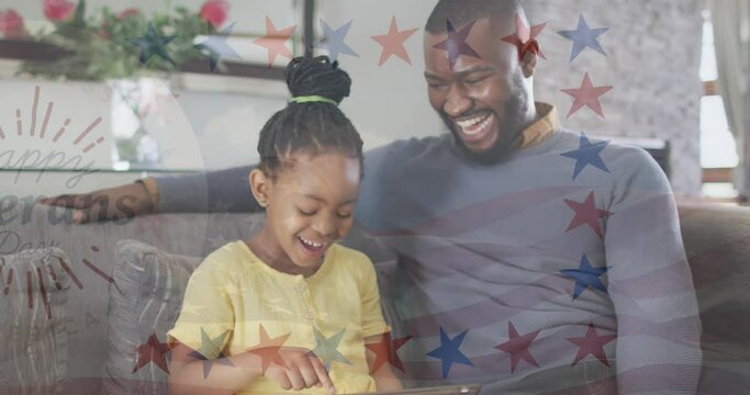 Animation of usa flag over happy african american father and daughter