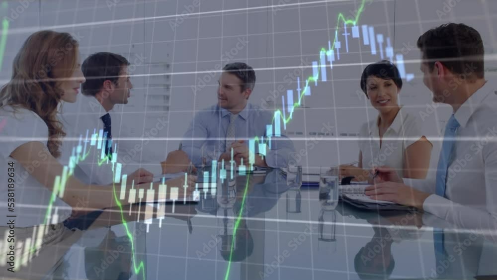 Poster animation of multicolored graphs with numbers over diverse coworkers discussing in meeting room