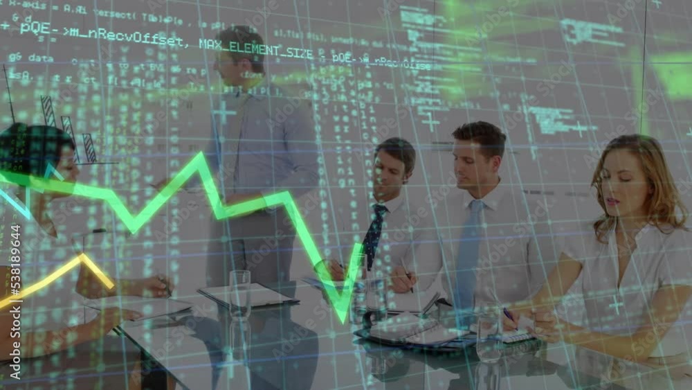 Poster animation of graphs, programming language, data, diverse coworkers discussing report over board