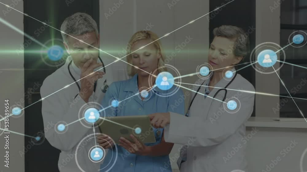 Poster animation of icons connected with lines over caucasian doctors discussing over digital tablet