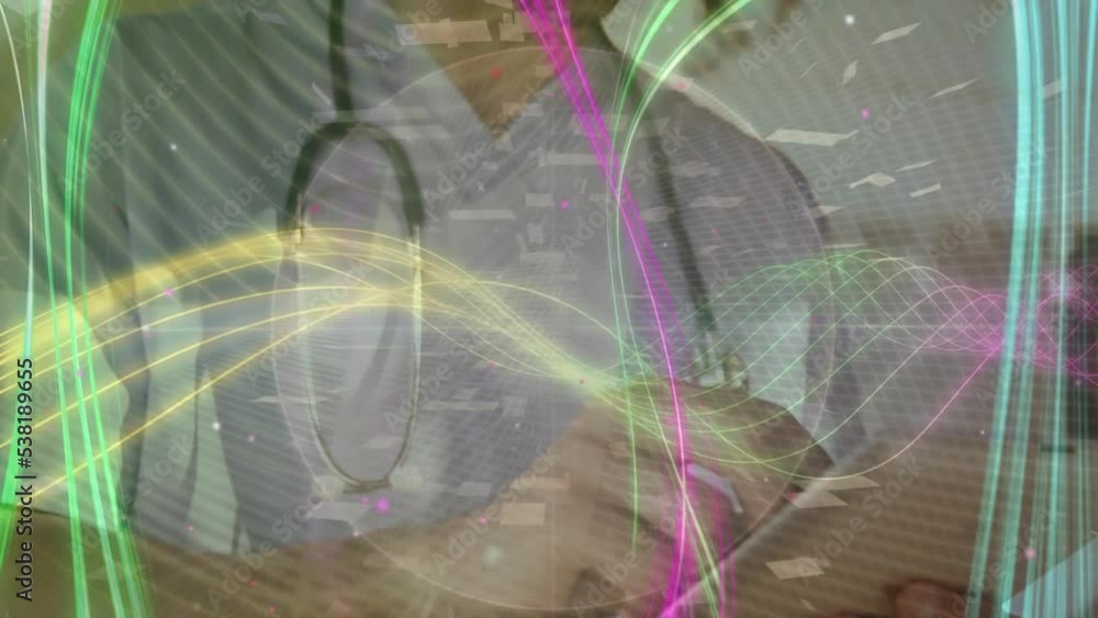 Poster animation of multicolored abstract patterns over globe against biracial doctor using digital tablet